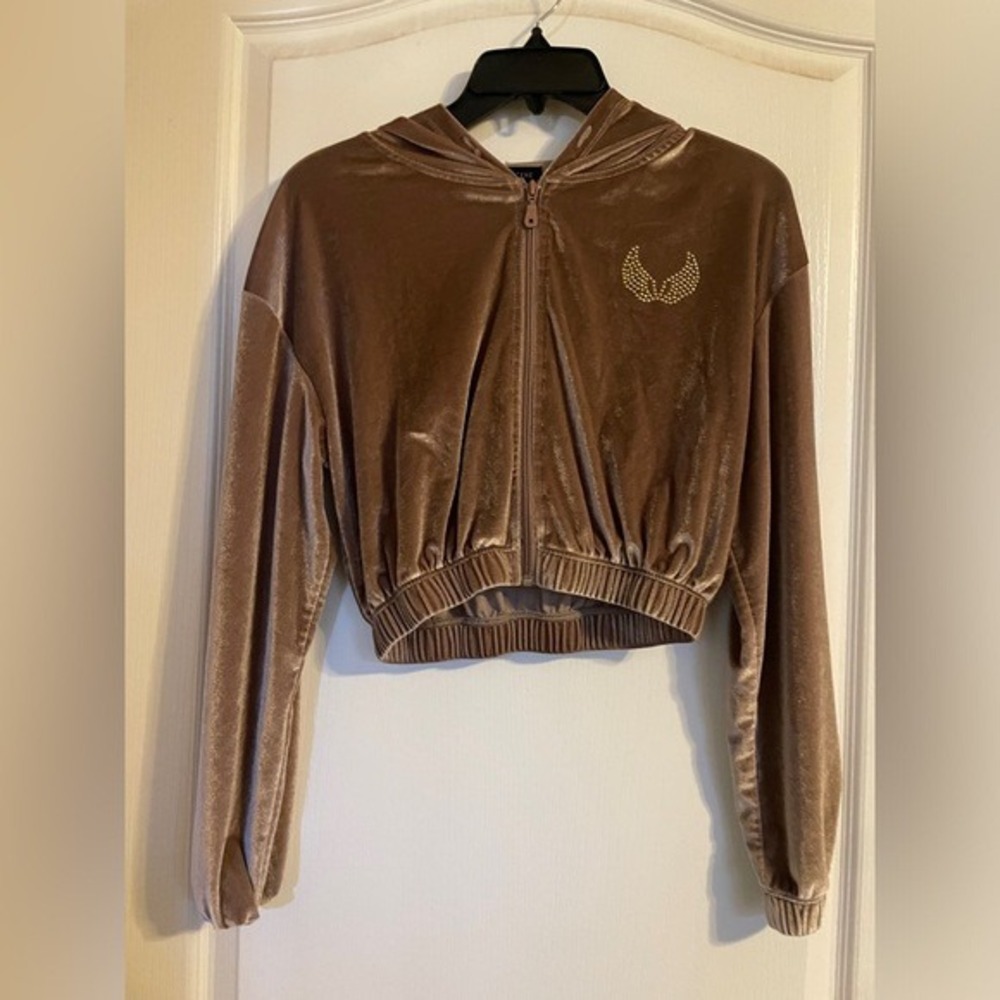 Social Scene Velour Hoodie Women Medium Brown Excellent Rhinestone Wing Crop